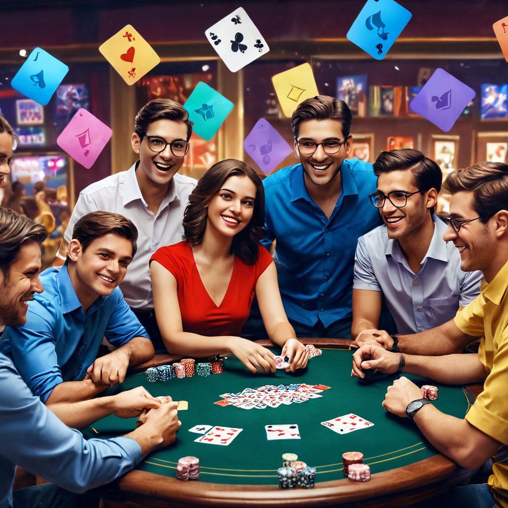 A lively digital scene depicting a diverse group of enthusiastic players engaged in an online rummy tournament, with colorful cards in hand and animated expressions of joy and concentration. Showcase dynamic chat bubbles filled with excitement and strategy tips, surrounded by a playful background featuring iconic rummy elements like chips and cards. Highlight an inviting atmosphere that conveys camaraderie and competition. super-realistic. vibrant colors. 3D.