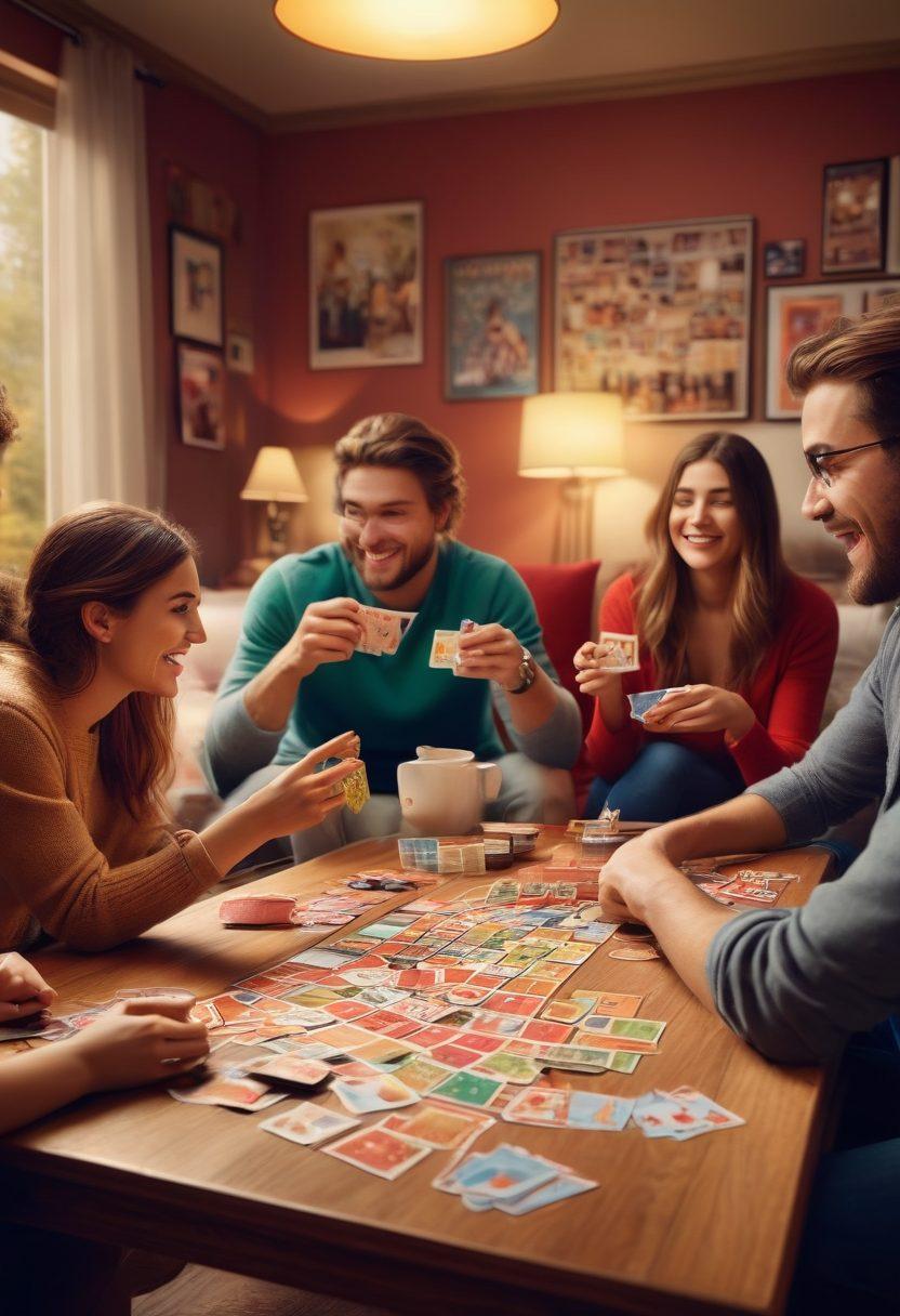 A cozy living room setting with a group of diverse friends intensely playing competitive rummy around a stylish coffee table, snacks scattered around, colorful game cards in hand, laughter and excitement in the air. The atmosphere is lively, enhanced by warm lighting and a playful backdrop of gaming posters. super-realistic. vibrant colors. cozy ambiance.