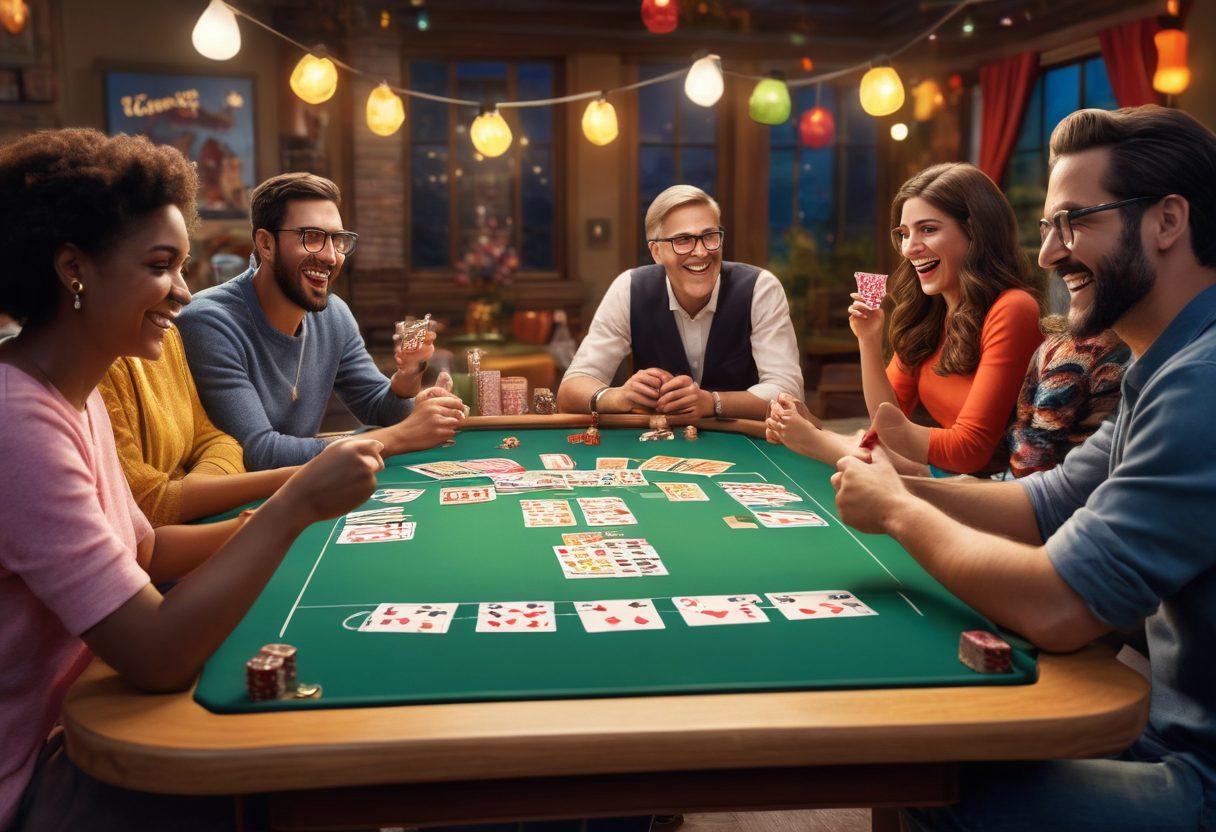 A vibrant and dynamic scene capturing diverse groups of people enthusiastically playing multiplayer rummy games around a large table, with colorful cards in hand and cheerful expressions. Include a backdrop of cozy game-themed decor, such as a banner reading 'Rummy Tournament!' and snack bowls filled with treats. Bright lighting and a light-hearted atmosphere, evoking a sense of community and fun. super-realistic. vibrant colors. 3D.